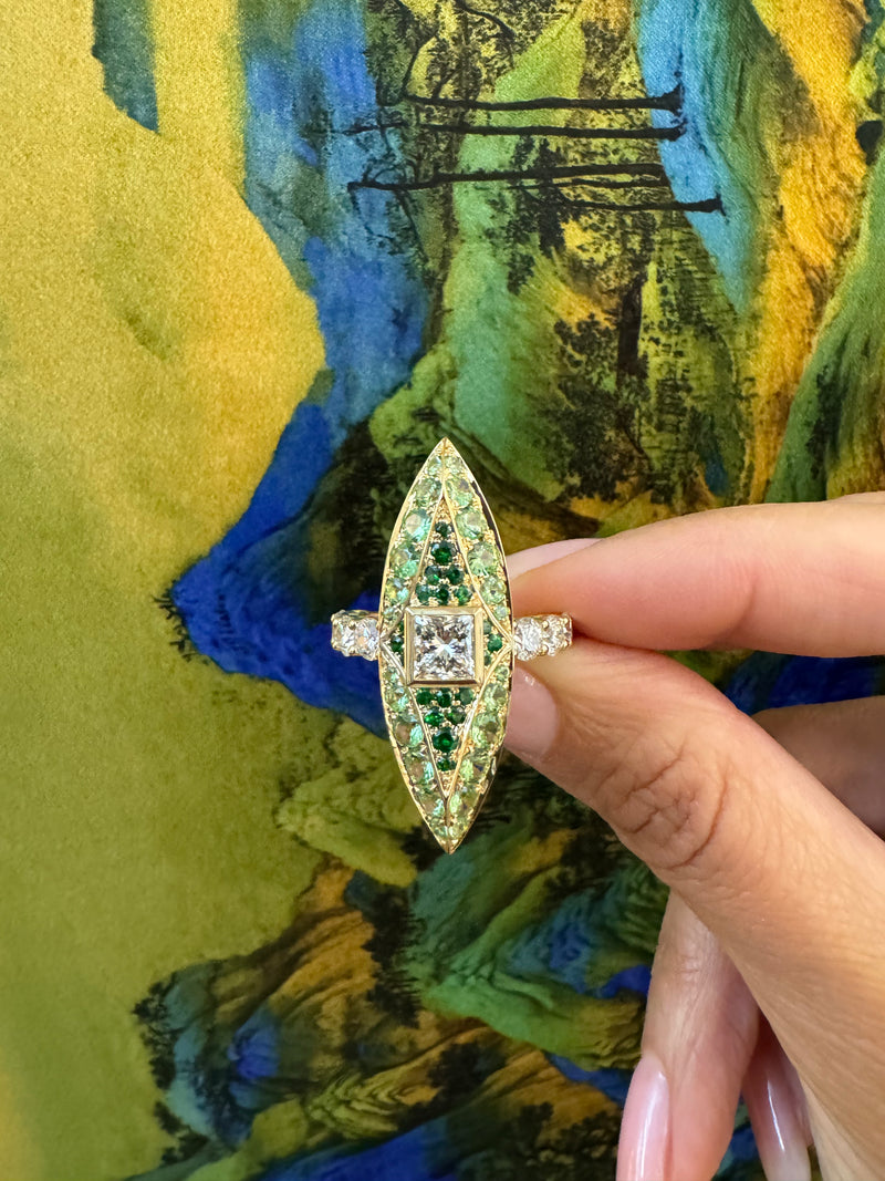 Athena's Eye Navette Ring With Princess-Cut White Diamond & Tsavorite Garnets In 18K Yellow Gold