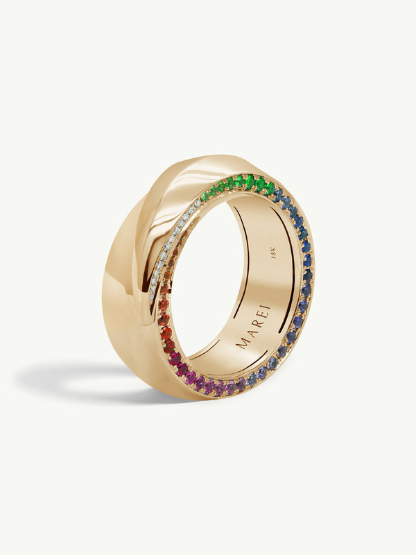 Sahara Oasis Ring With Pavé-Set Brilliant-Cut Diamonds and Rainbow Ombré Sapphires In 18K Yellow Gold, 8mm