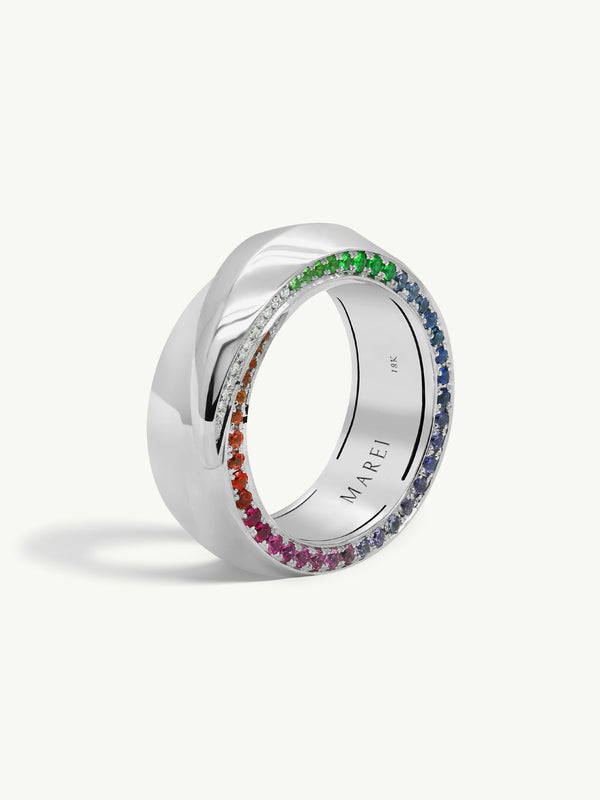 Sahara Oasis Ring With Pavé-Set Brilliant-Cut Diamonds and Rainbow Ombré Sapphires In 18K White Gold, 8mm