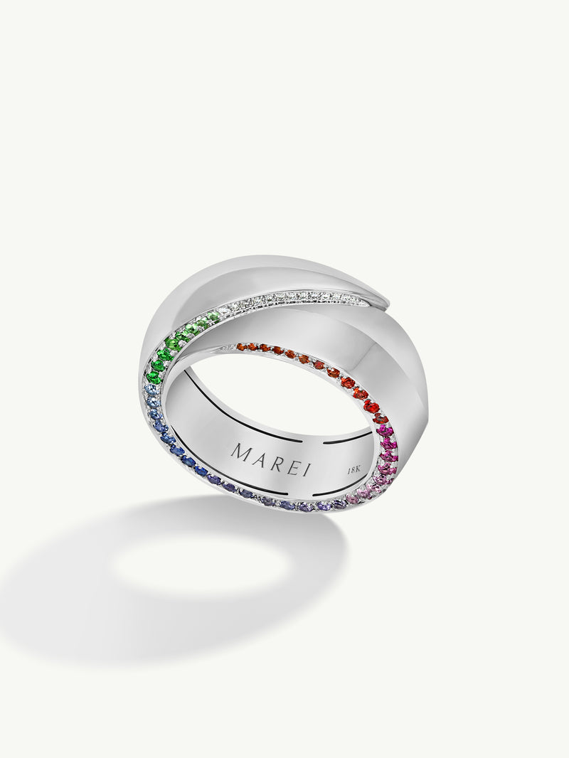 Sahara Oasis Ring With Pavé-Set Brilliant-Cut Diamonds and Rainbow Ombré Sapphires In 18K White Gold, 8mm