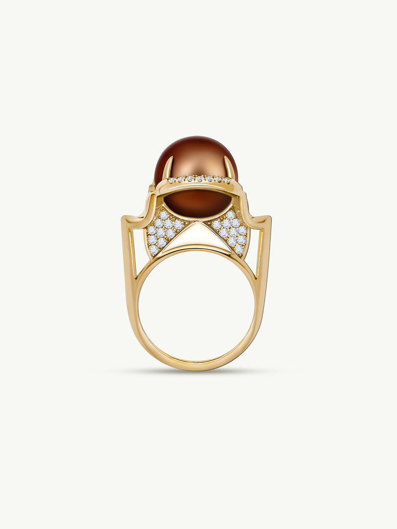 Isis Goddess Ring With Japanese Akoya Chocolate Pearl & Pavé-Set Brilliant White Diamonds In 18K Yellow Gold