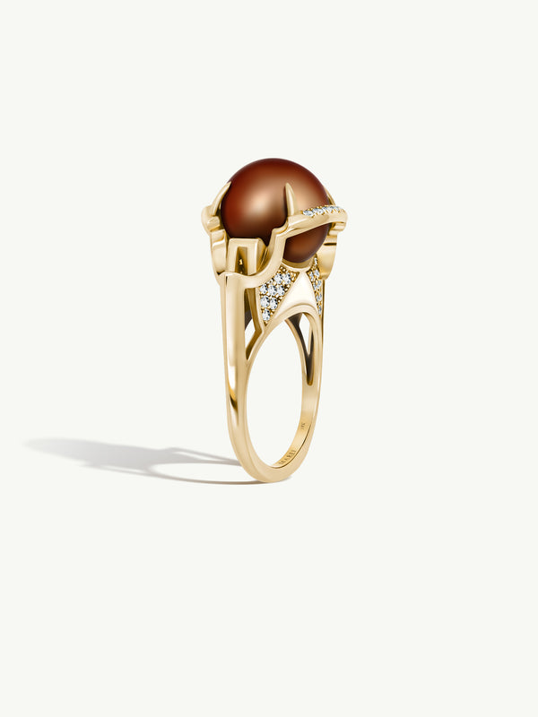 Isis Goddess Ring With Japanese Akoya Chocolate Pearl & Pavé-Set Brilliant White Diamonds In 18K Yellow Gold