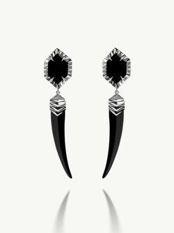Alexandria Horn Talisman Drop Earrings With Black Onyx Agate In 18K White Gold