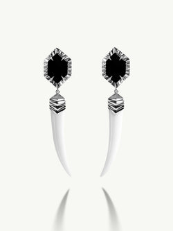 Alexandria Horn Talisman Drop Earrings With Black & White Onyx Agate In 18K White Gold
