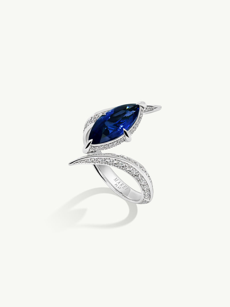 Ayla Arabesque Engagement Ring With Marquise-Cut Blue Sapphire & Brilliant Pavé-Set White Diamonds In Platinum