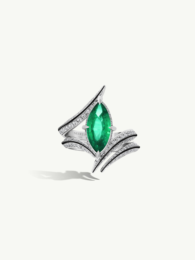 Ayla Arabesque Brilliant Marquise-Cut Emerald Ring With Pavé White Diamonds & Enamel In 18K White Gold