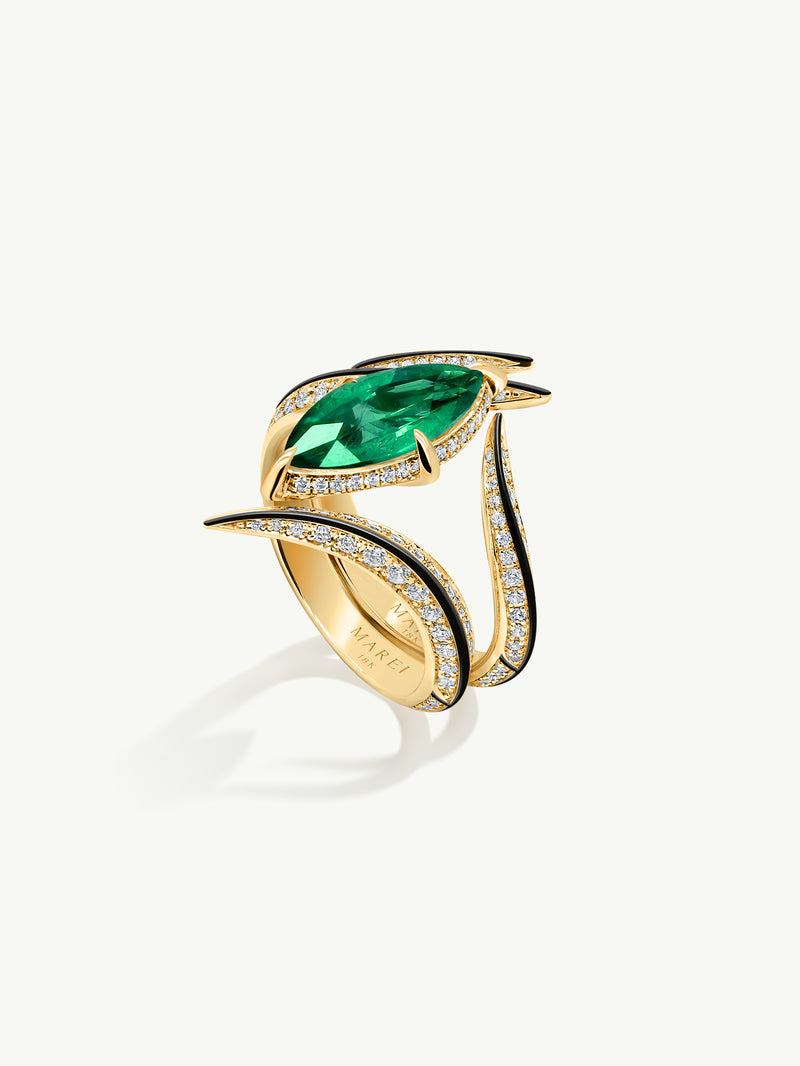 Ayla Arabesque Ring With Pavé-Set Brilliant White Diamonds & Enamel In 18K Yellow Gold