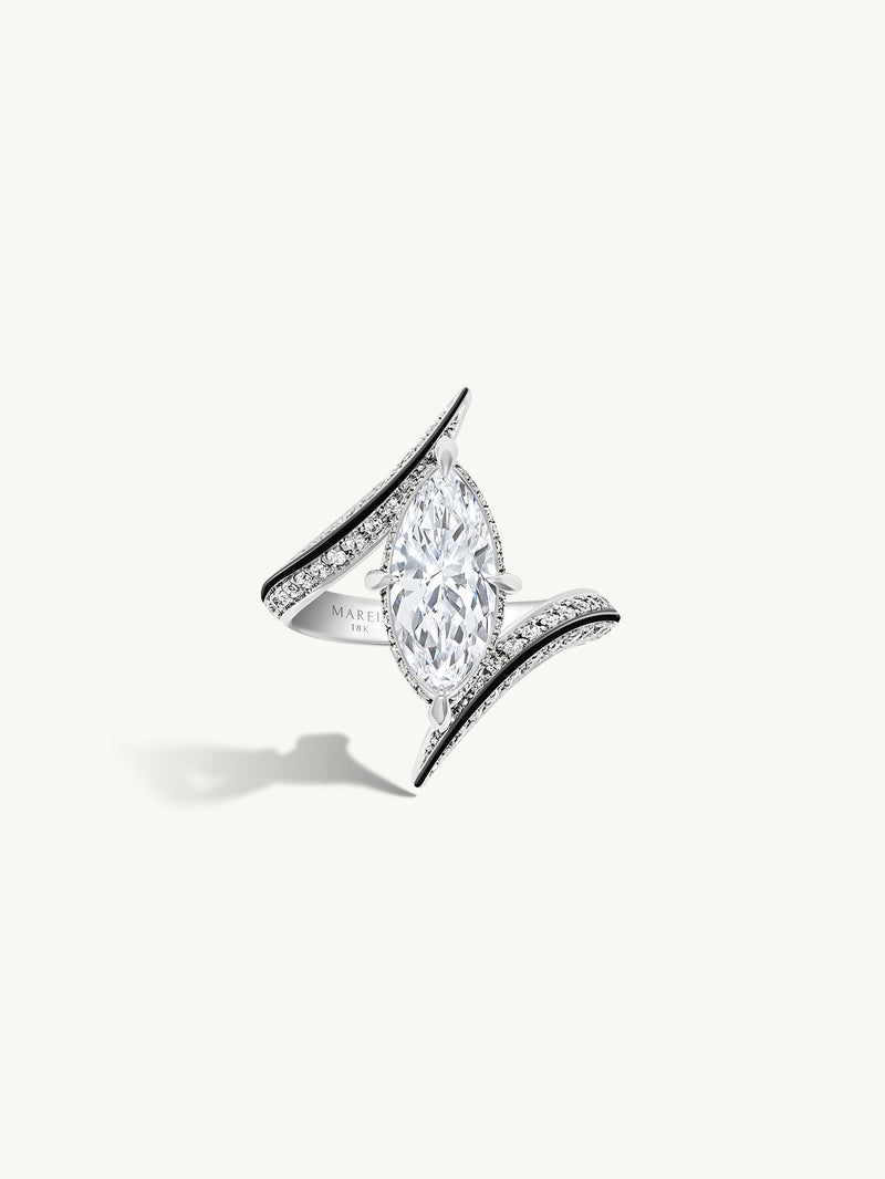 Ayla Arabesque Engagement Ring With Marquise-Cut White Diamond, Pavé-Set Brilliant White Diamonds & Enamel in 18K White Gold