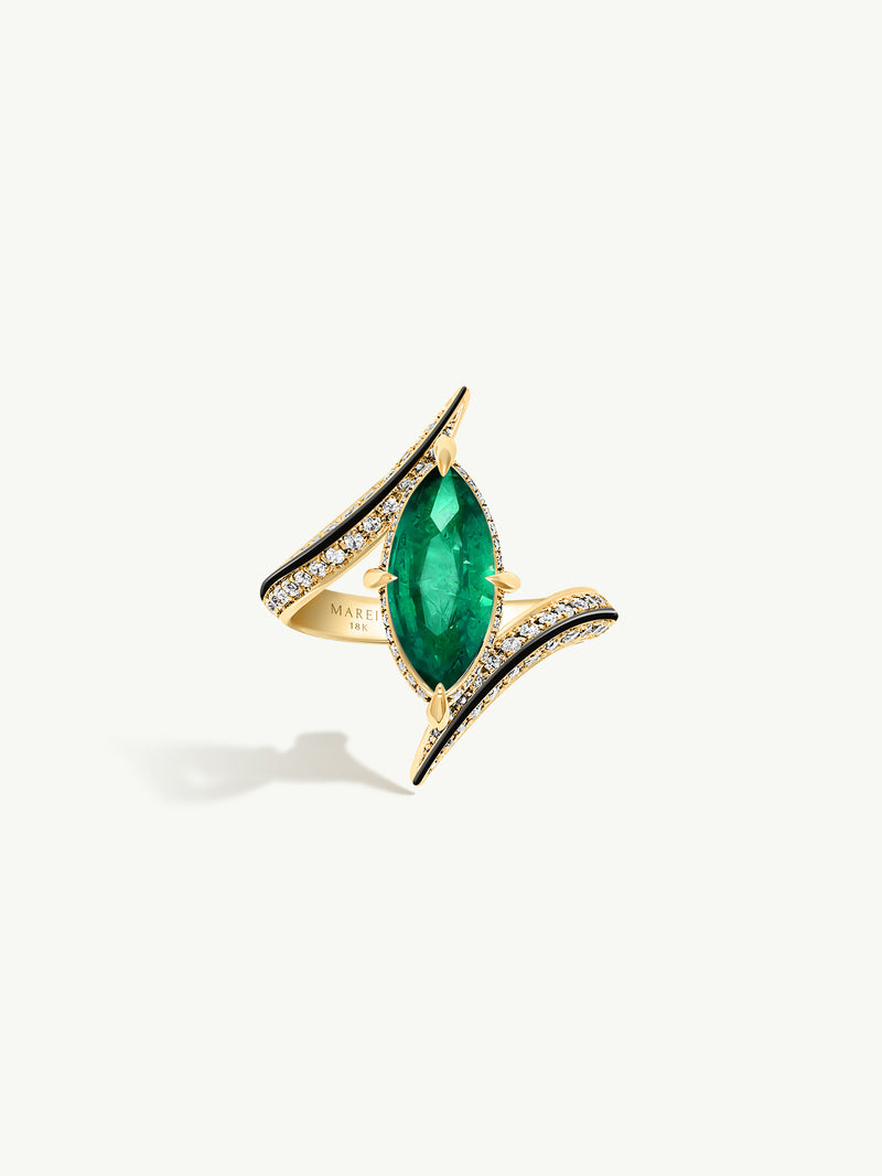 Ayla Arabesque Brilliant Marquise-Cut Emerald Ring With Pavé White Diamonds & Enamel In 18K Yellow Gold