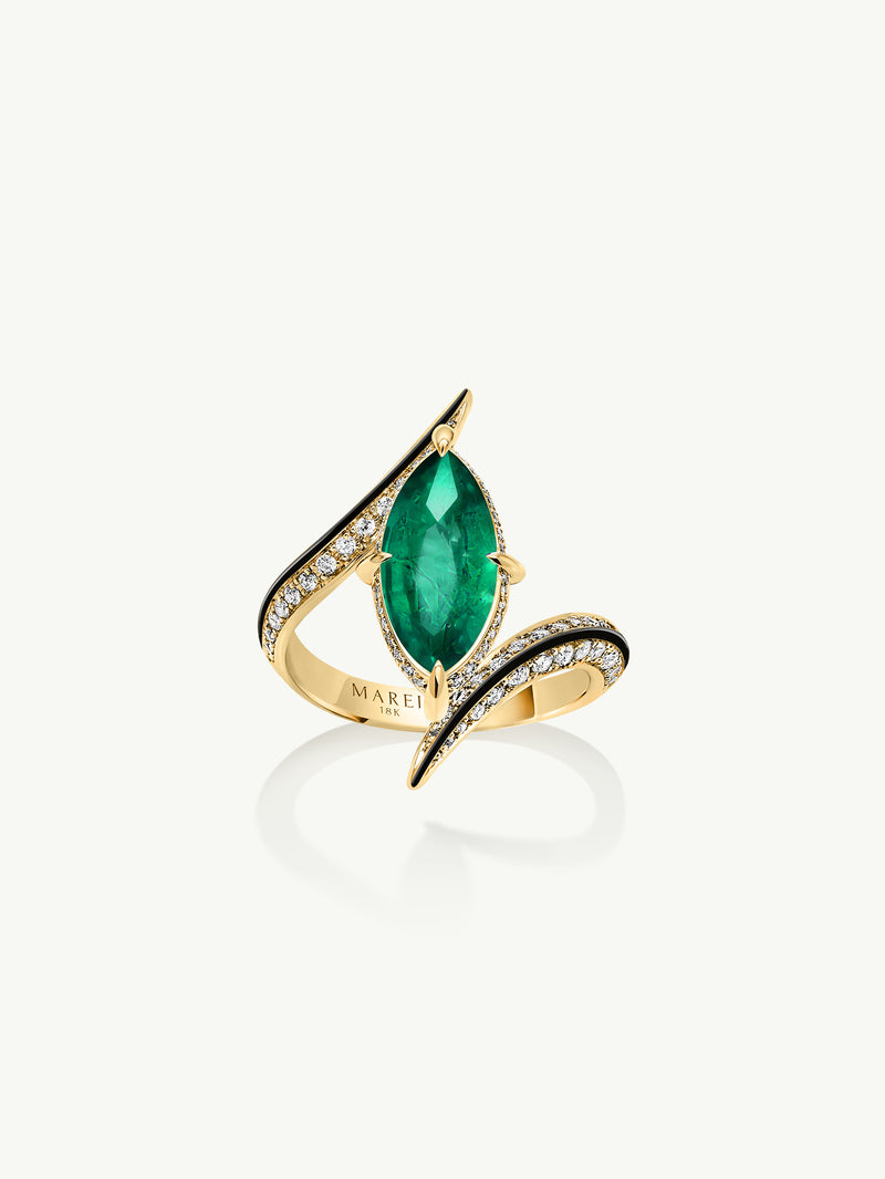 Ayla Arabesque Brilliant Marquise-Cut Emerald Ring With Pavé White Diamonds & Enamel In 18K Yellow Gold
