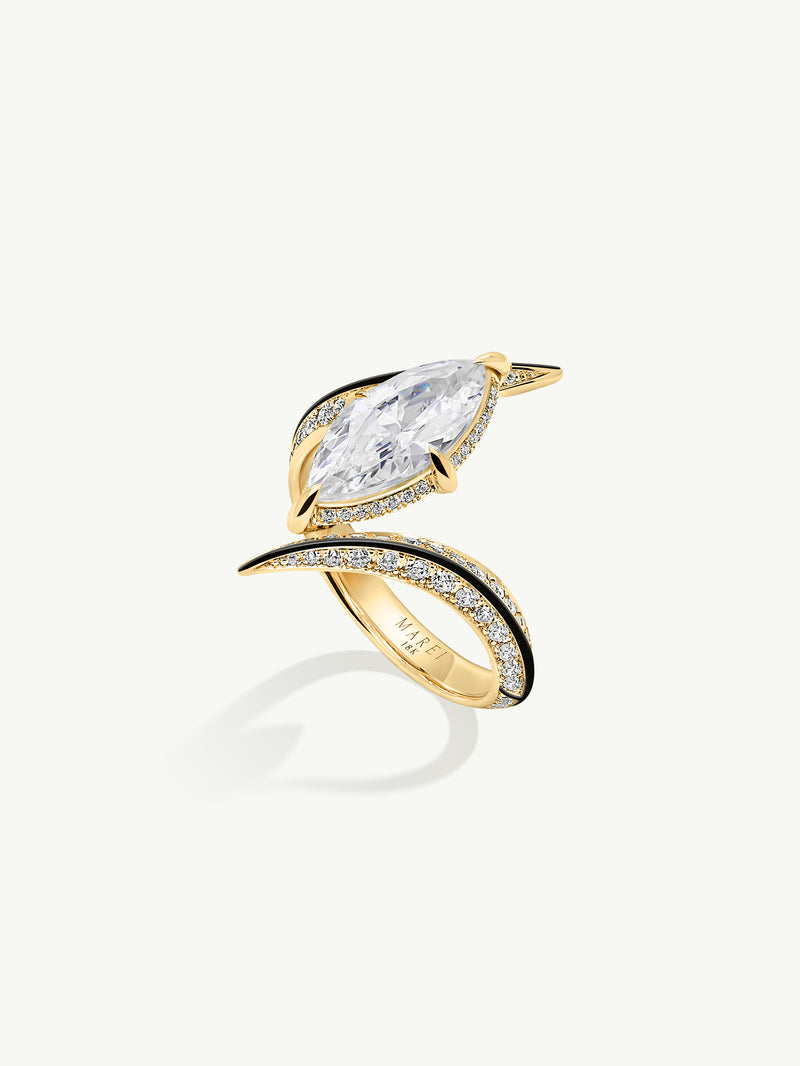 Ayla Arabesque Engagement Ring With Marquise-Cut White Diamond, Pavé-Set Brilliant White Diamonds & Enamel In 18K Yellow Gold