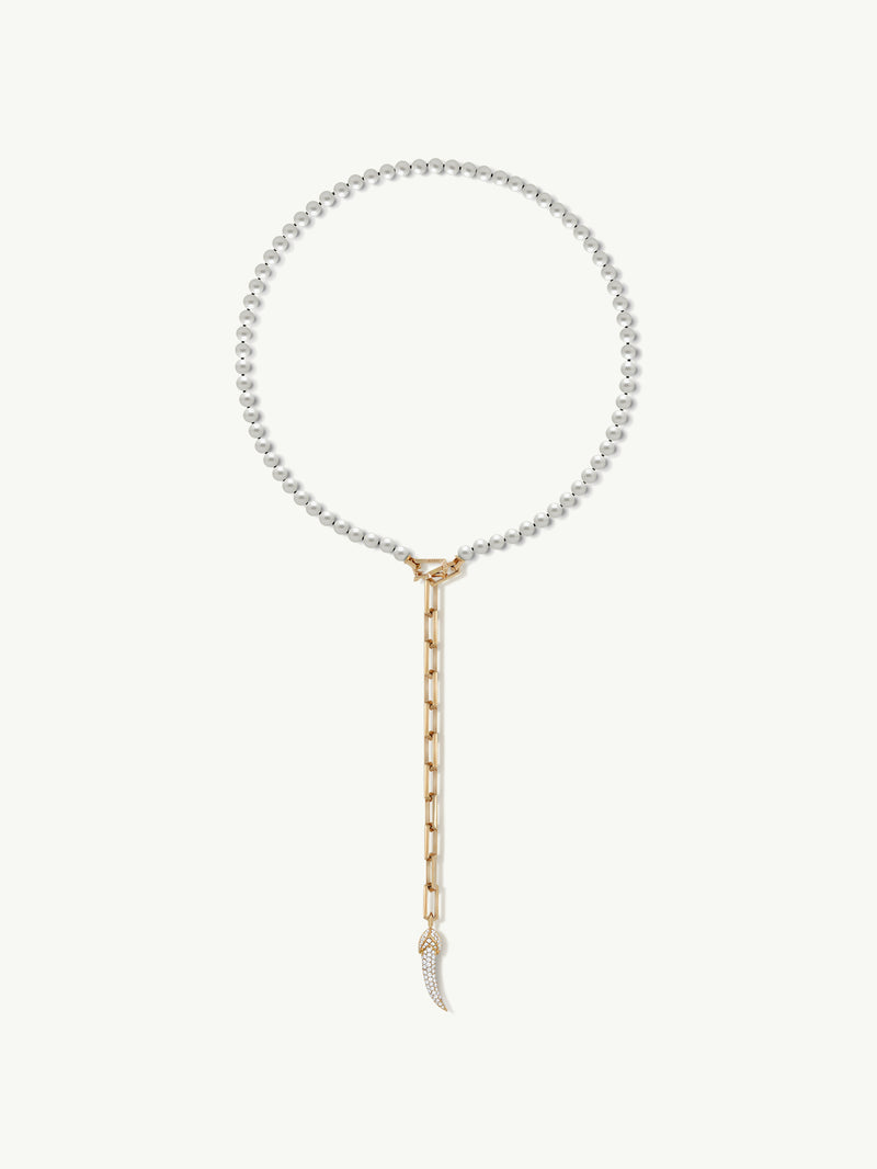 Damian Horn Talisman Pearl Necklace With Pavé-Set Brilliant Diamonds In 18K Yellow Gold