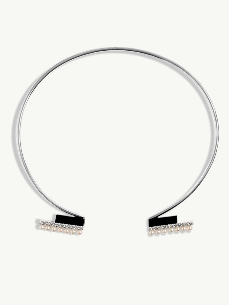 Invidia Black Onyx Column & Pavé-Set Brilliant-Cut White Diamond Collar Necklace With Freshwater Pearls In 18K White Gold