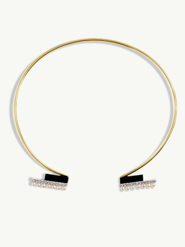 Invidia Black Onyx Column & Pavé White Diamond Collar Necklace With Pearls In 18K Yellow Gold