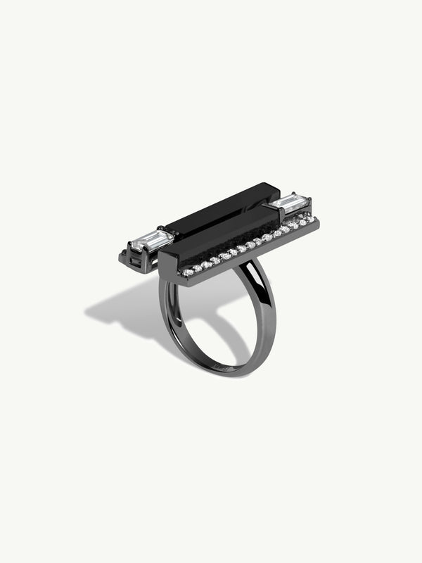 Invidia Black Onyx & Baguette-Cut White Diamond Ring With Pavé-Set Diamonds In 18K Black Gold