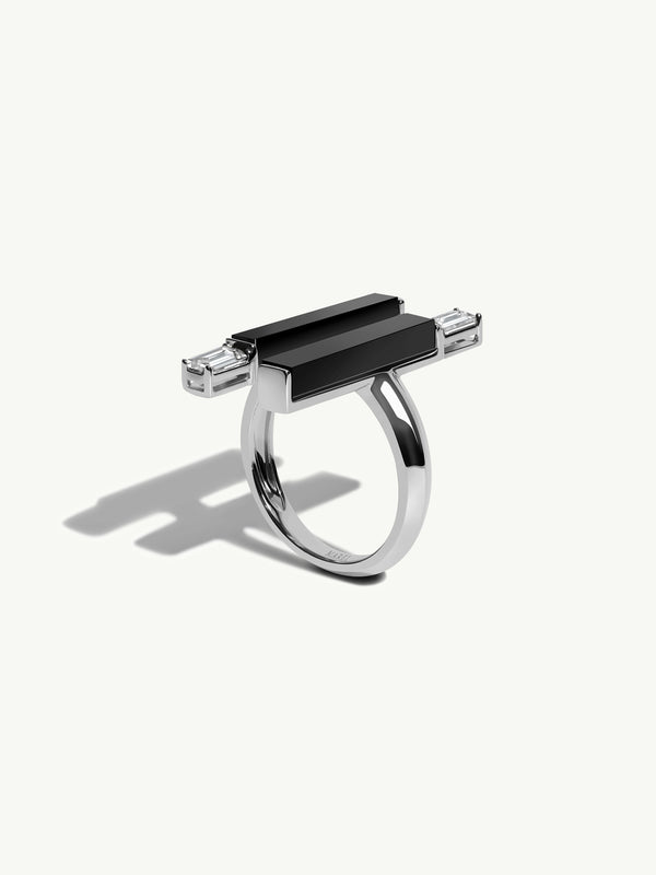 Invidia Black Onyx Column Ring With Baguette-Cut White Diamonds In 18-Karat White Gold, 0.83 CTW