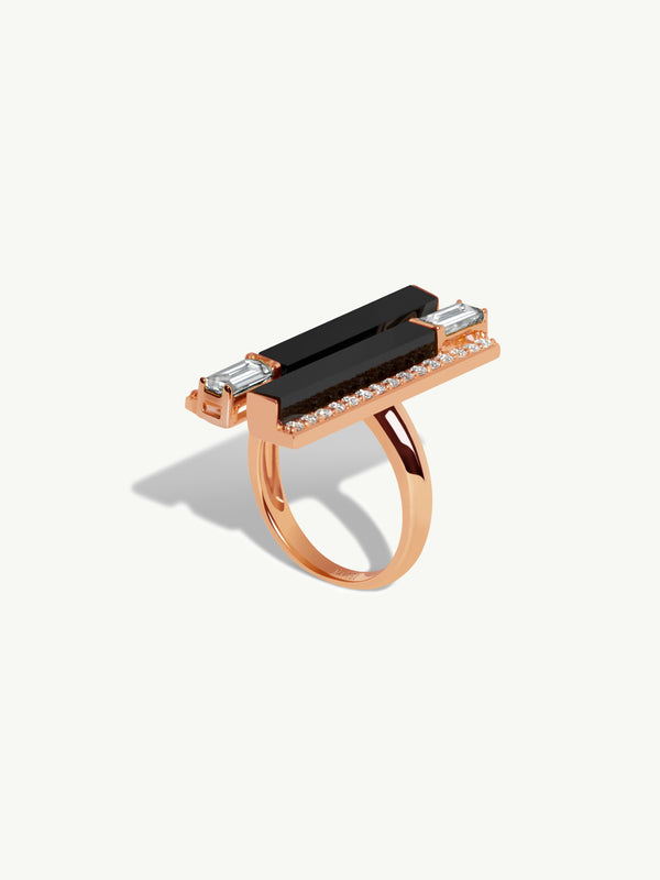 Invidia Black Onyx Column Ring With Baguette-Cut & Pavé Diamonds In 18K Rose Gold, 1.28 CTW