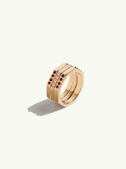 Octavian Triptych Tower Ring With Brilliant-Cut White Diamonds & Rubies In 18K Yellow & 18K Rose Gold - 4.5mm