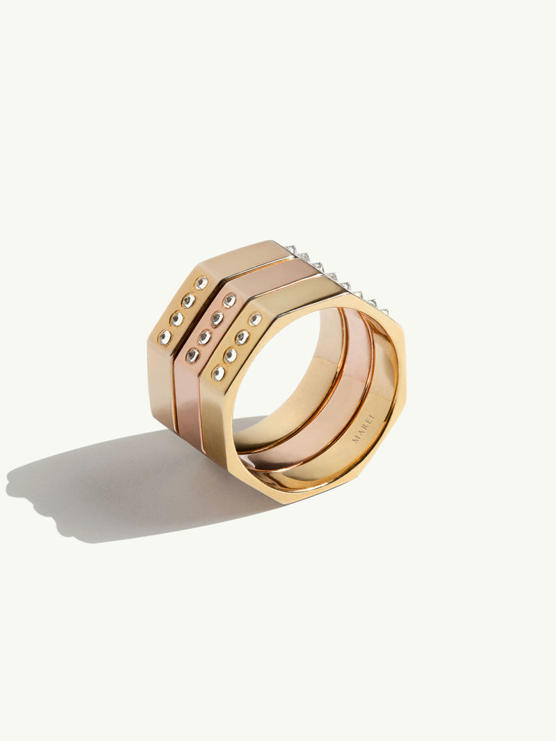 Octavian Triptych Tower Ring With Brilliant-Cut White Diamonds In 18K Yellow Gold & 18K Rose Gold - 13mm