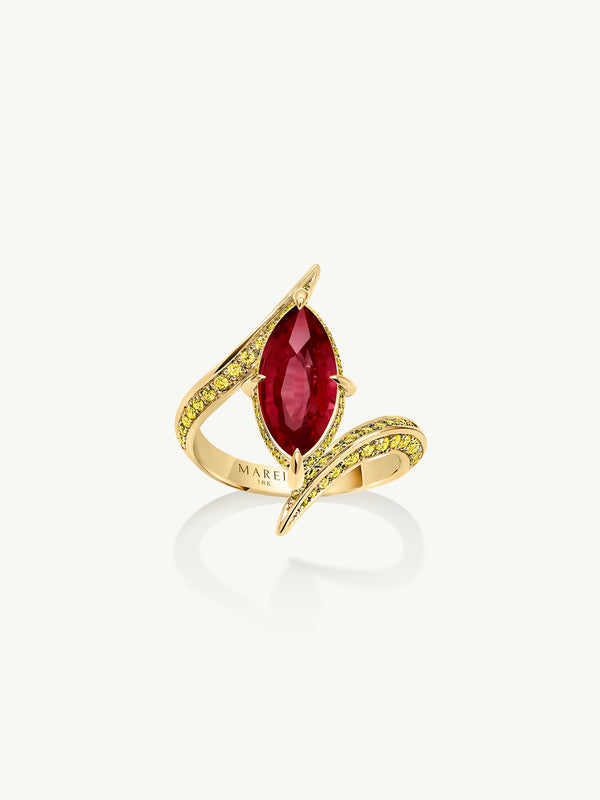 Ayla Arabesque Engagement Ring With Marquise-Cut Ruby With Pavé-Set Brilliant Vivid Yellow Diamonds In 18K Yellow Gold
